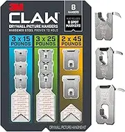 3M CLAW 15, 11.34 and 20.41 Kg. Drywall Picture Hanger Variety Pack with Spot Markers, Heavyweight Hanging Solution for Room Decor and Office Decor, Including Mirrors or Large Art – 8 Pack