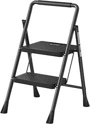 2 Step Ladder, RIKADE Folding Step Stool, Step Stool with Wide Anti-Slip Pedal, Lightweight, Portable Folding Step Ladder with Handgrip, Multi-use Steel Ladder for Household and Office