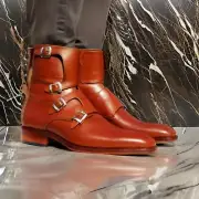 Handmade Bespoke Tan Leather High Ankle Monk Straps Party Dress Boots For Men