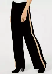 Eileen Fisher High Waist Side Stripe Silk Crepe Pants Black NWT $298