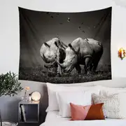 Black and White Wild Rhinos Tapestry