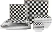 Checks Black & White Porcelain 16pc Double Bowl Square Dinnerware Set Service/4