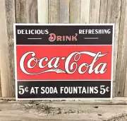 Coca-Cola Coke 5 Cents Soda Fountain Metal Tin Sign Vintage Kitchen Red Black
