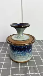 Butter Keeper Crock Blue Hues Drip Glaze Studio Art Pottery Signed