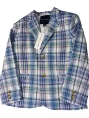 New Janie And Jack Plaid Linen-Cotton Blazer, Size 6