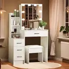 White Dressing Table with Mirror Bedroom Vanity Desk Stool Set with 3-Colors LED
