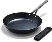 [OXO] Obsidian Pre-Seasoned Carbon Steel, 12" Frying Pan Skillet with Removable Silicone Handle Holder, Induction, Oven Safe, Black
