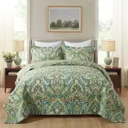 Cotton Bedspread Quilt Sets-Reversible Patchwork King European Green Floral