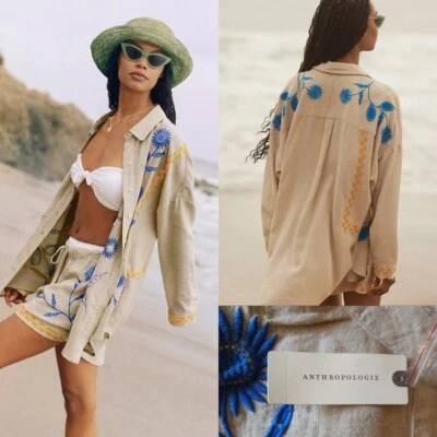 By Anthropologie Linen Embroidered Buttondown Shirt Neutral Motif Small NWT $118
