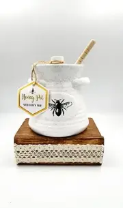 Honey Jar Blue Pottery w/Wooden Dipper Brand New! Honey Bee