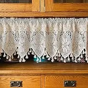 Hollow Crochet Curtain Valance - Rustic Cotton Lace Cafe Short Drapes Rod Pocket, Farmhouse No Drill Half Curtains for Kitchen Cabinet Doorway Coffee Window Decor (Beige,71"W x 28"L (Pack of 1))
