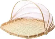 Fruit Basket with Cover 15x15 in Square Woven Bamboo Bread Basket with Lid Dust-Proof Mesh Wicker Food Serving Tent Basket for Picnic, Vegetable, Fruits, Meals, Mesh Food Covers for Outdoors
