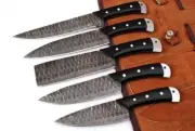 Handmade 5 Pieces Damascuss Steel Kitchen Knife Set With Sharpener & Leather Kit