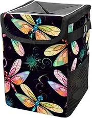 Car Trash Can with Lid and Storage Pockets Leak-Proof Organizer,Multipurpose Trash Bin for Car,Dragonfly and Flower
