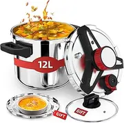 3-In-1 304 Stainless Steel Pressure Cooker 12 Liter: [Explosion-Proof] [3 PSI Settings], One-Hand Locking, Induction Compatible, Glass Lid & Steamer Rack Included, Olla de Presion