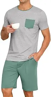 [PrinStory] Men's Casual Short Two-Piece Sleepwear Short Sleeve Top and Plain Pyjama Bottoms with Pockets, Light Grey/Blue, M