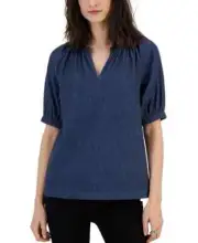 Anne Klein Jeans Denim Puff Sleeve Split Neck Pop Over Top New