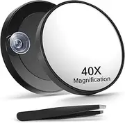 Macaki 40x Magnifying Mirror, 8.8 cm Magnification Cosmetic Mirror and Angled Tweezers with 2 Suction Cups, Black, Pack of 1