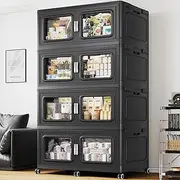 BROVIEW 220Gal Extra Large Storage Bins with Lids, 880Qt Plastic Stackable Storage Bins with Wheels, Collapsible Closet Organizer and Storage Drawers,Storage Cabinets for Home, Office, 4 Pack, Black