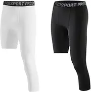 [FIHOLL] 2 Pack Men’s Compression Pants One Leg 3/4 Capri Tights Leggings Athletic Base Layer for Gym Running Basketball