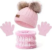 [CavspkArt] Cute Knit Kids Winter Hat Scarf Gloves Set Pink, Thick Fluffy Winter Accessories Sets for Children, 3 in 1 Kids Beanie Hat Scarf Gloves Set Outdoor Sports for 1-5 Years Old Children, Pink,
