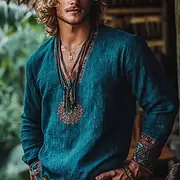 Men's Shirt Linen Shirt Popover Shirt Summer Shirt Beach Shirt Patchwork Vacation Holiday Blue Long Sleeve Collarless Summer Spring Clothing Apparel Ethnic