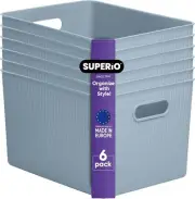Superio 22 Liter Large Ribbed Storage Bin, Plastic Baskets (6 Pack, Stone Blue)