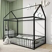 HAUSHECK Montessori Bed for Toddlers, Twin Size Floor Bed for Kids Girls, Boys, Toddler Montessori Floor Beds with Rails & Roof, Metal House Bed Frame with Guardrails, No Box Spring Needed