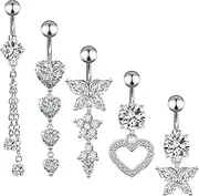 [patinadrift] Pack of 5 belly button piercings, surgical steel piercing, belly button piercing, silver flowers, heart, butterfly, navel piercing, belly button jewellery, women, One Size, Stainless