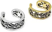 [Vilda Jewellery] Flower Ear Cuff, Set of 2, 1 Gold Plated and 1 Silver Plated Brass, Ornate Non Piercing Clip On, Adjustable Cartilage Fashion Earring, Floral Ear Wrap Gift Idea for Women and Girls, One Size, Brass