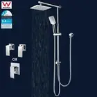 Chrome Square Rain Shower Head 2 In 1 Sliding Rail Diverter Elbow Mixer Tap Set
