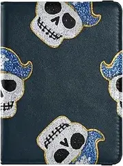 [Amooorous] Fake Glitter Cartoon Pirate Skull Navy Blue Leather decorative passport book holder Travel Documents Organizer Protector Travel Passport Wallet Ultra Slim, Fake Glitter cartoon Pirate skull navy blue,