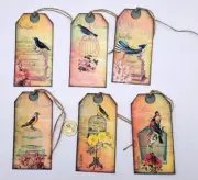 6-Shabby-Birdcage-Birds-Junk Journal-Crafts-Linen Cardstock-Hang Tags