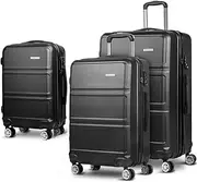 [Wanderlite] Luggage Set 3pcs Black Suitcase Storage Organizer Hand Luggages Travel Hard Case Hardside, Lightweight Trolley Carry on Bag, TSA Lock 4 Universal Wheels