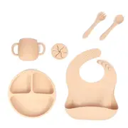 Beige 013# Silicone Baby Feeding Set - Suction Plate, Bib, Cup & Utensils | BPA-Free Baby Tableware