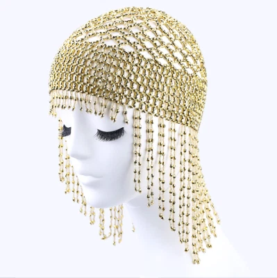 Beaded Exotic Cleopatra Head Piece Cap Egyptian Tassel Chain Durag Festival Hat