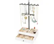 Jewelry Org Stand, 3-Tier Necklace Holder Jewelry Tree with Wooden Storage Drawer Box for Necklace Bracelet Earring Ring,White