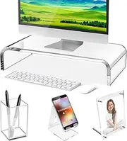 Acrylic Monitor Stand - 4Pcs Monitor Stand for Desk, Acrylic Monitor Stand Riser with A Phone Stand, A Photo Frame & A Pen Holder as Gift, Totally Four Pieces Desk Accessories, Clear