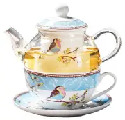 Glass Teapot with a Fine China Infuser Strainer, Cup and Saucer Set,Teapot an...