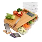 4 Containers and Large Bamboo Cutting Board with Mobile Holder Gift Included New