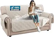 [Smarcute] 100% Waterproof Sofa Protector 2 Seater Couch Cover 2 Cushion Sofa Modern Sofa Covers Waterproof and Washable Thick Soft Couch Cover for Dogs with Elastic Straps (2 Seat, Frenck Oak/Beige)