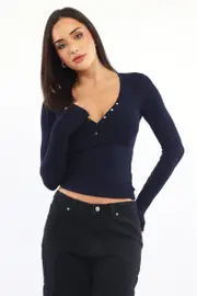 Blue Henley Top Long Sleeve - Size 6XXS, Women's Top