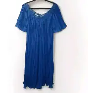 Sante Classic Midi Dress Pleated Crochet Neck Blue Woman O/S Coastal Boho Nwt