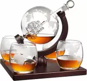 Whiskey Decanter Globe Set for Men with 4 Glasses, Bourbon, Rum, Scotch Crystal