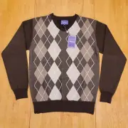 Ballantrae Golf Jumper Argyle V-Neck Sweater Mens Medium Long Sleeve Brown NEW
