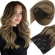 Sunny Hair Clip in Hair Extensions Straight Human Hair Clip in Extensions Remy Clip in Hair Extensions Real Human Hair Extensions Clip ins Black Ombre Dark Brown with Caramel Blonde 20inch