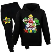 Super Mario Bros Print Kids Casual Tracksuit Set Boys Girls Hooded Sweatshirt Hoodies Tops Sports Jogging Pants Outfit Activewear Black 7-8 Years
