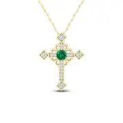 Emerald and 0.05 CT. T.W. Natural Diamond Gothic-Style Cross Pendant in 10K Yellow Gold