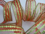 1.5" sheer wired ribbon red glittered lime green dots lines Christmas 5 yards