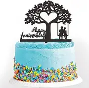 Happy Anniversary Cake Topper, Black Acrylic Silhouette Wedding Anniversary Cake Topper for Anniversary Birthday Party Cake Decorations